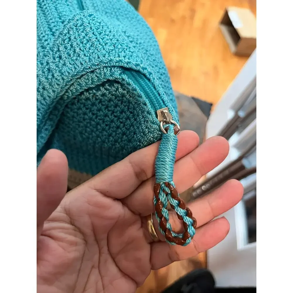The Sak Crochet Teal Brown Embroidered Chill Palm Tree Shoulder Bag Vacation